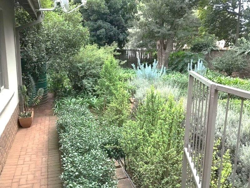 A lush, established garden featuring a brick paved walkway, mature greenery, and a secure metal gate, providing a private outdoor space.