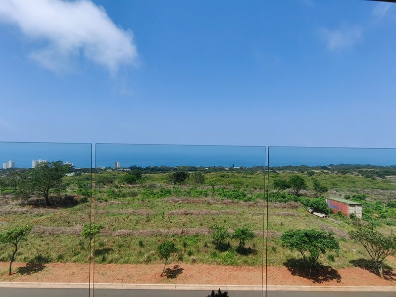 A clear, elevated view overlooking a natural landscape with distant ocean vistas, framed by a modern glass balustrade.
