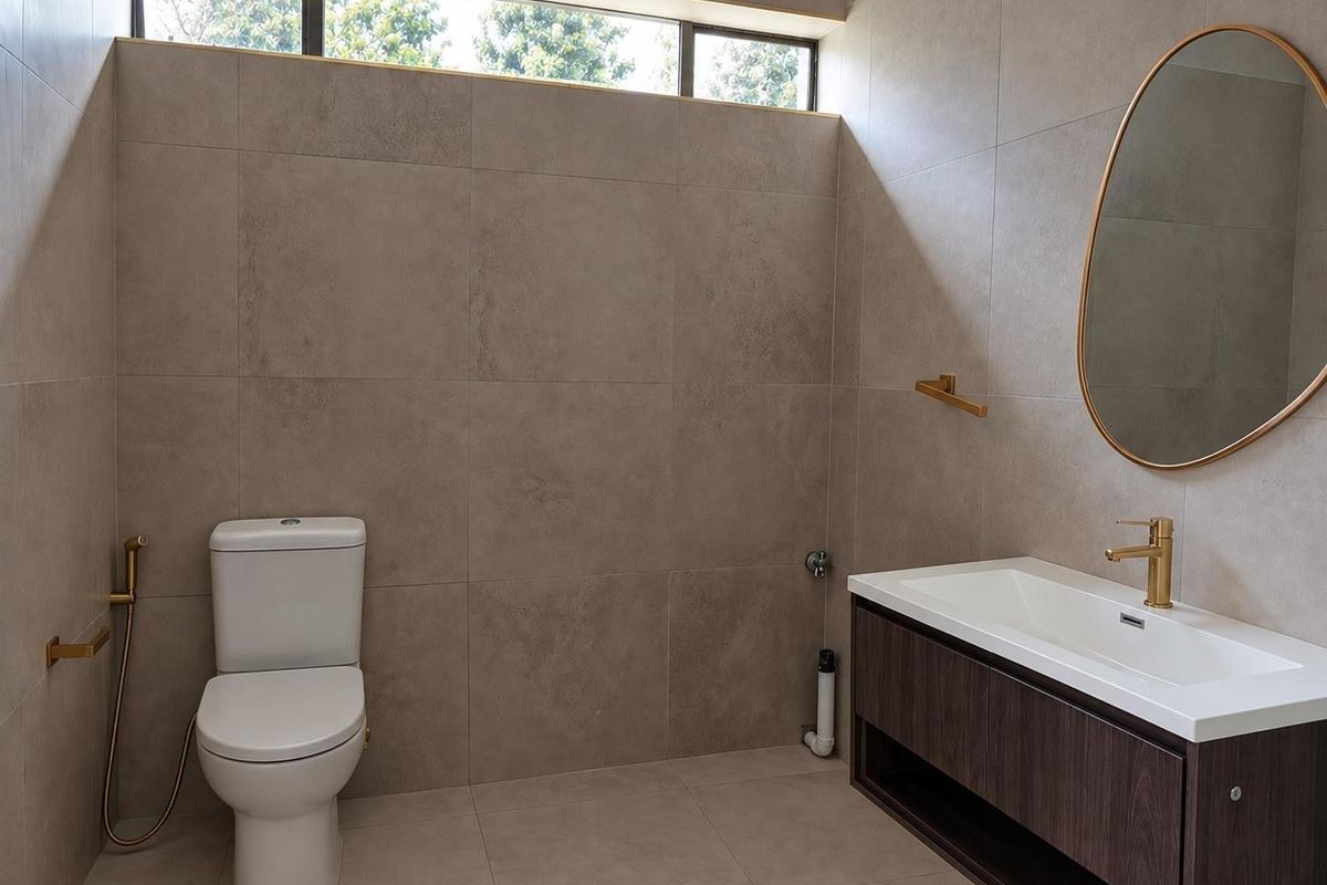 Modern bathroom featuring large-format neutral wall tiles, a floating vanity with integrated basin, brass fixtures, and a high-level window for natural light.