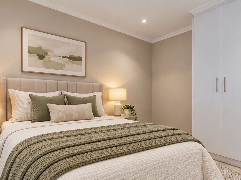 A well-maintained bedroom featuring neutral wall tones, recessed downlighting, coving, and a spacious built-in wardrobe.