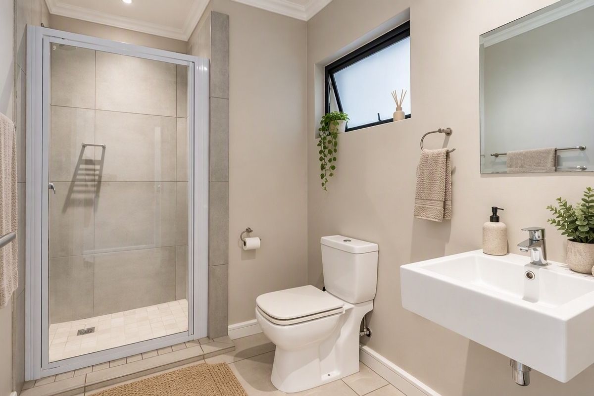 Modern bathroom featuring a glass-enclosed shower, wall-mounted basin with mixer tap, and neutral tiled finishes in excellent condition.