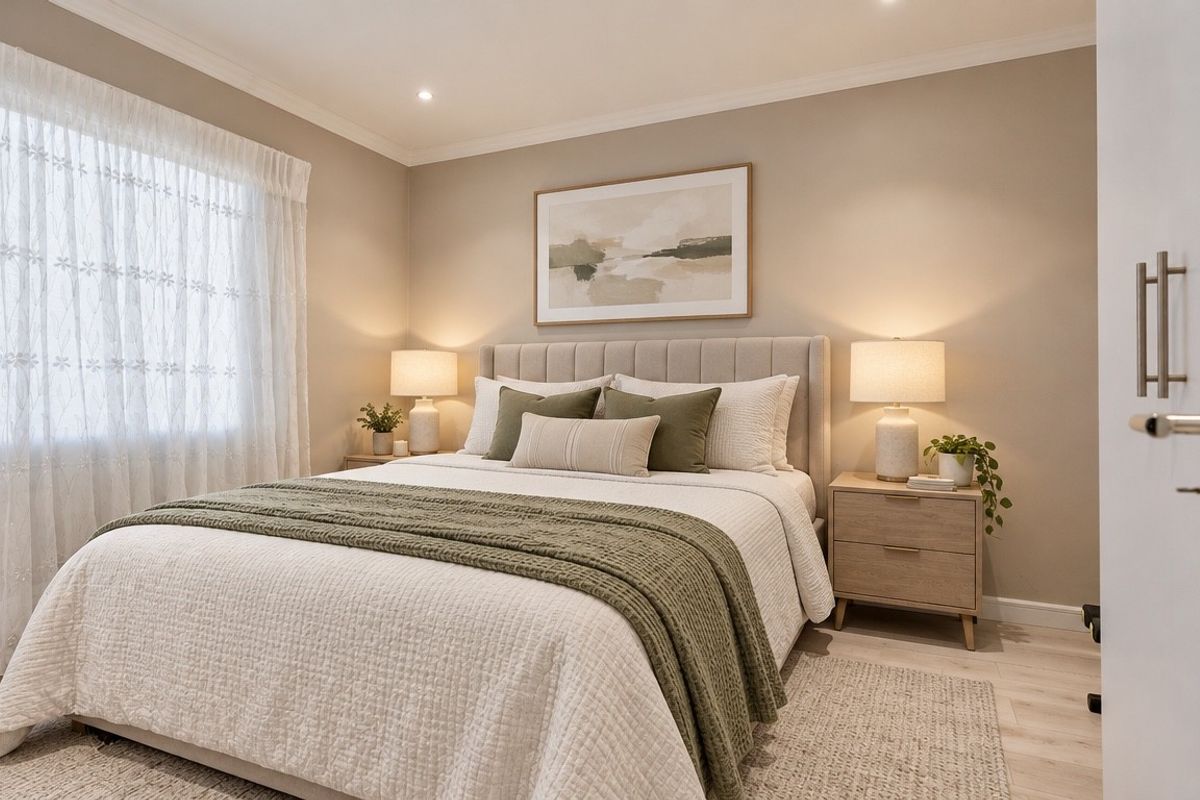 A well-maintained bedroom featuring neutral wall tones, recessed downlighting, and modern laminate flooring.