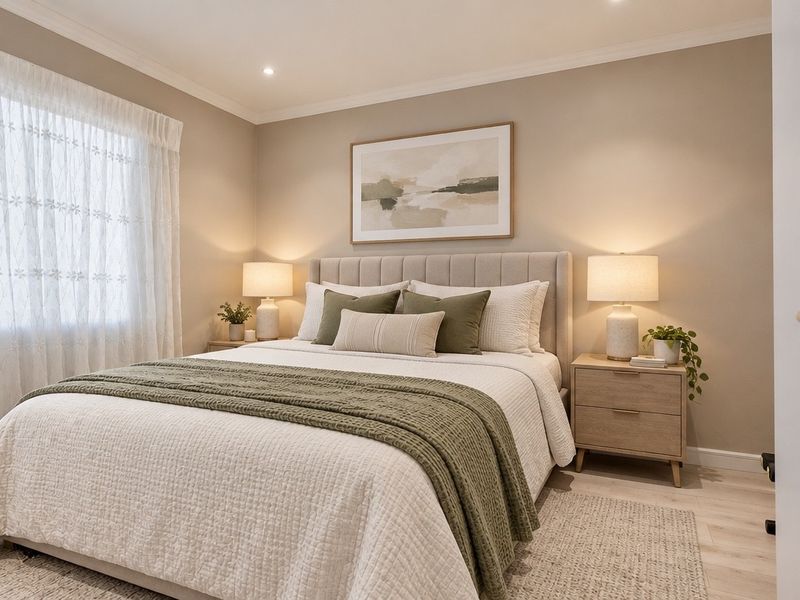 A well-maintained bedroom featuring neutral wall tones, recessed downlighting, and modern laminate flooring.