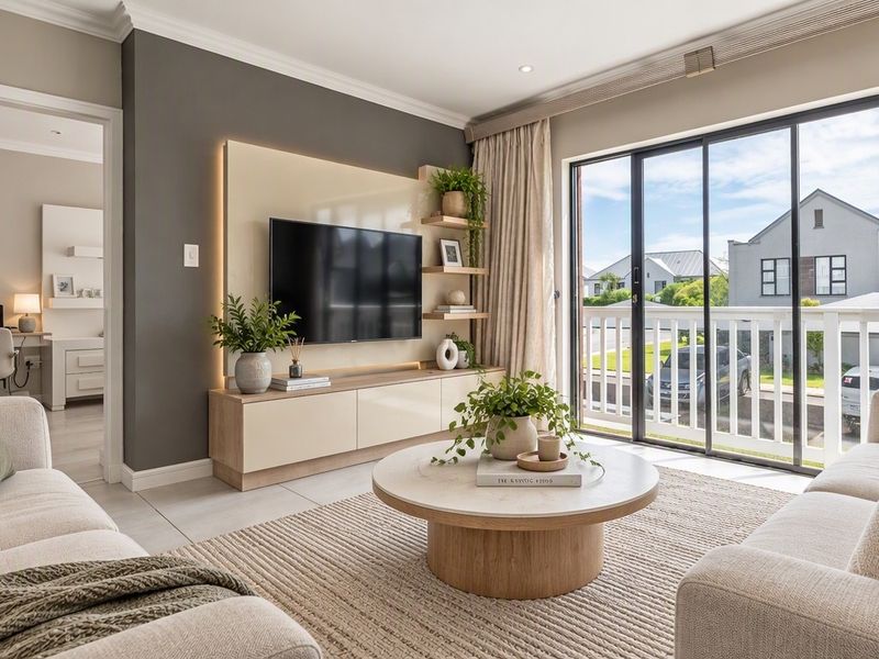 Modern living room featuring a custom built-in media unit with integrated lighting, tiled floors, and large sliding doors opening to a balcony.