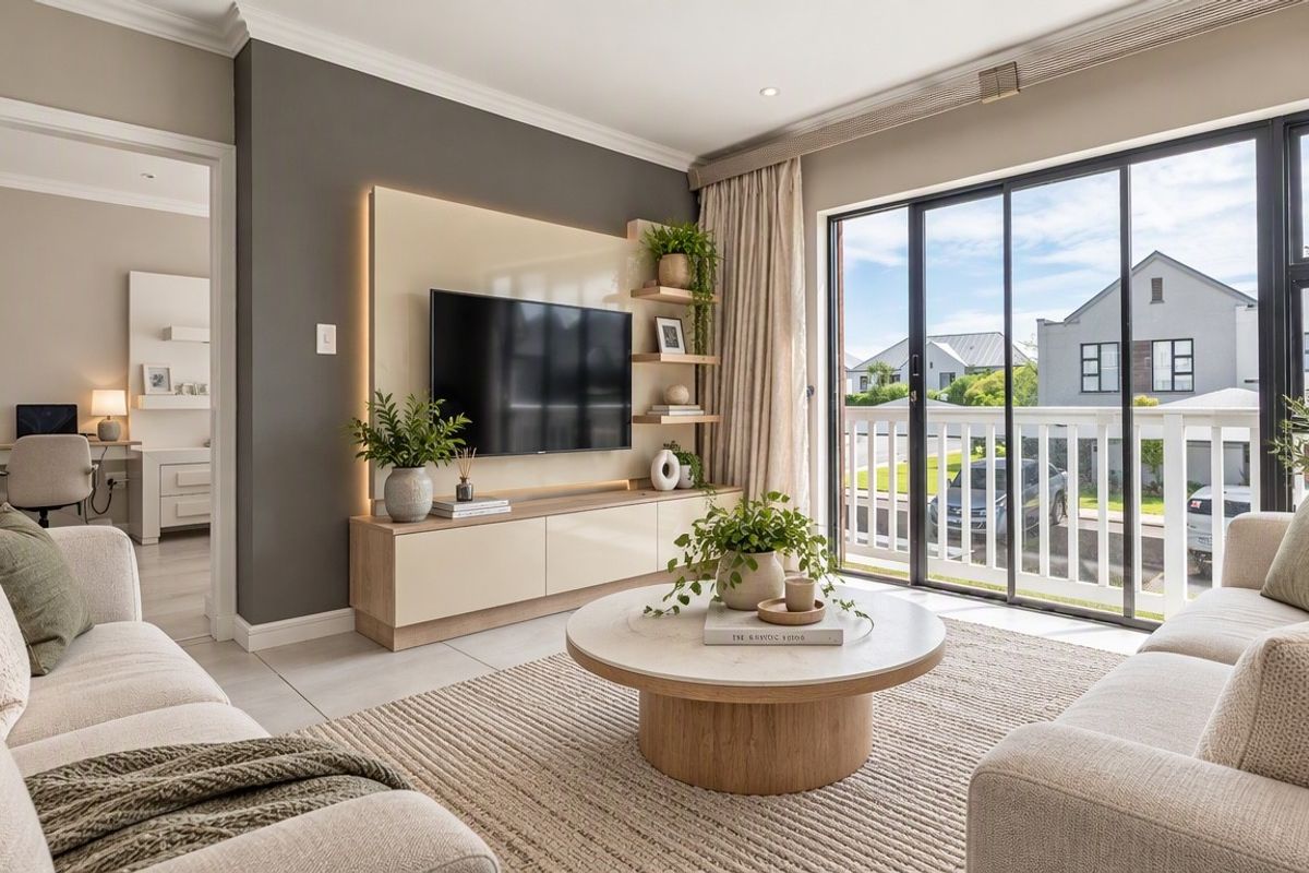 Modern living room featuring a custom built-in media unit with integrated lighting, tiled floors, and large sliding doors opening to a balcony.