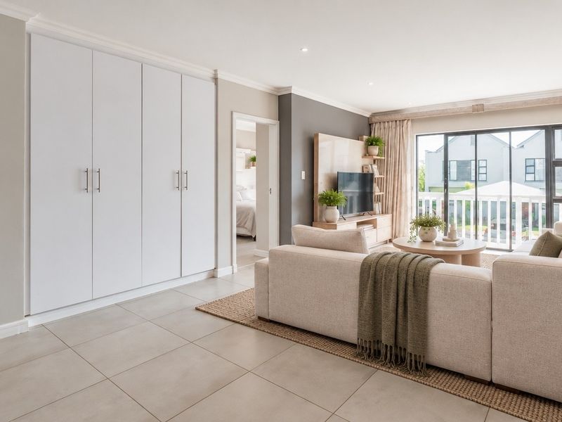 A bright and modern living room featuring neutral tiled flooring, built-in storage cupboards, and a large sliding glass door leading to a balcony.