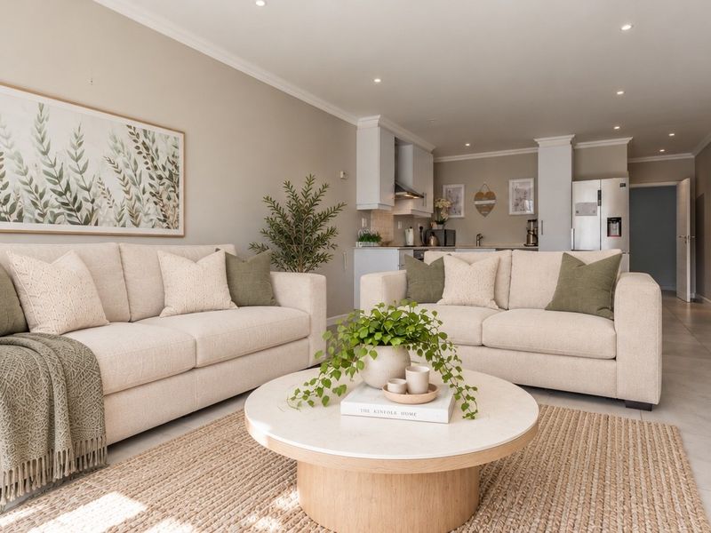 A bright and modern open-plan living area featuring tiled floors, recessed lighting, and a seamless transition to a well-appointed kitchen with built-in cabinetry.