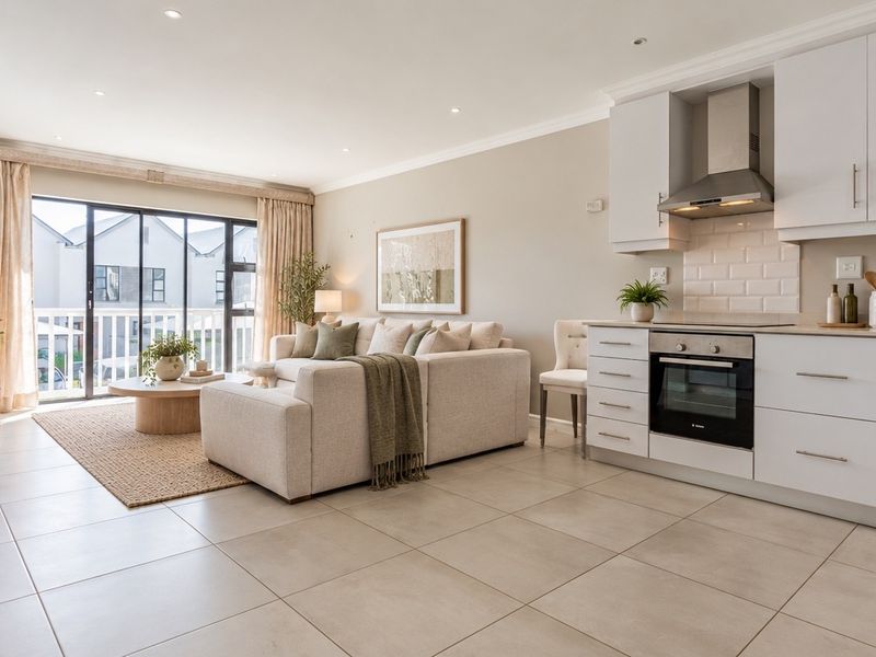 Modern open-plan living area featuring a sleek kitchen with built-in appliances, tiled floors, and large sliding doors leading to a private balcony.