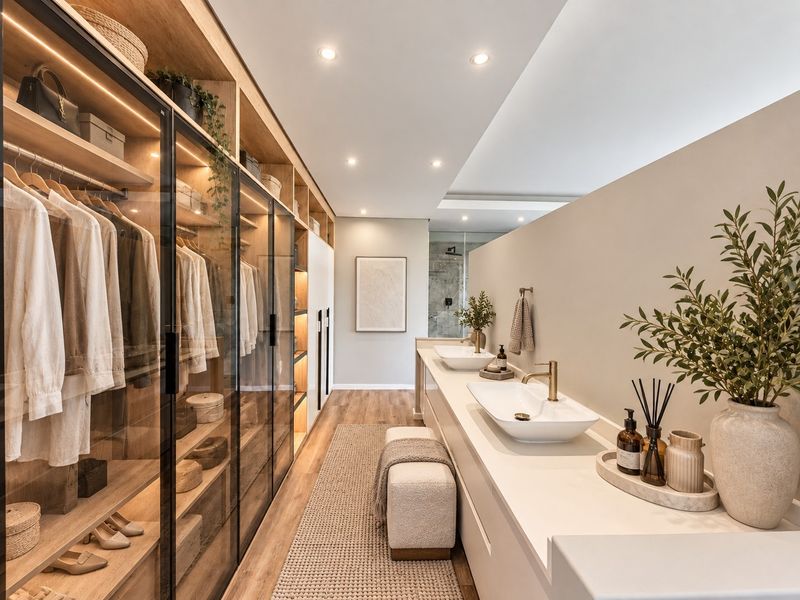 A luxurious modern bathroom featuring a double vanity with vessel sinks, brass fixtures, and an extensive built-in wardrobe with glass doors.