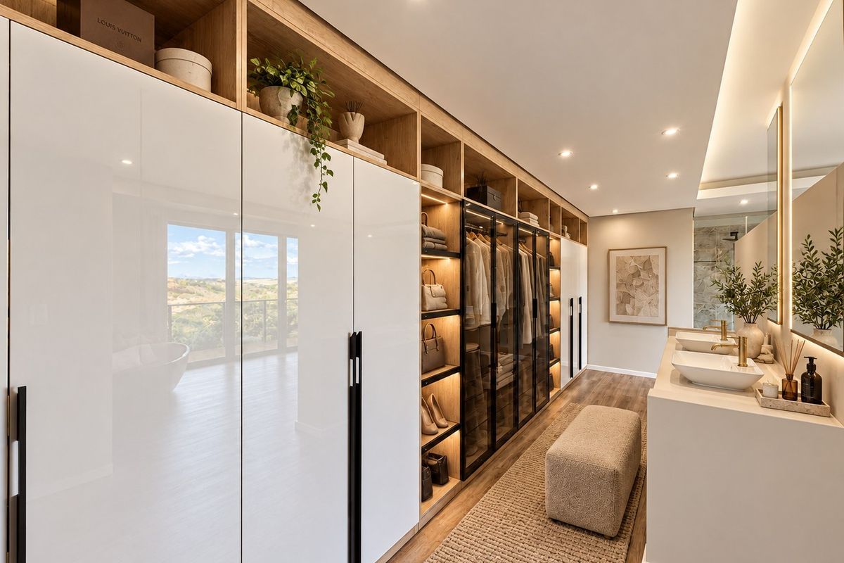 A luxurious dressing room and bathroom suite featuring custom built-in cabinetry, integrated wardrobe lighting, double vessel sinks with brass fixtures, and modern recessed lighting.