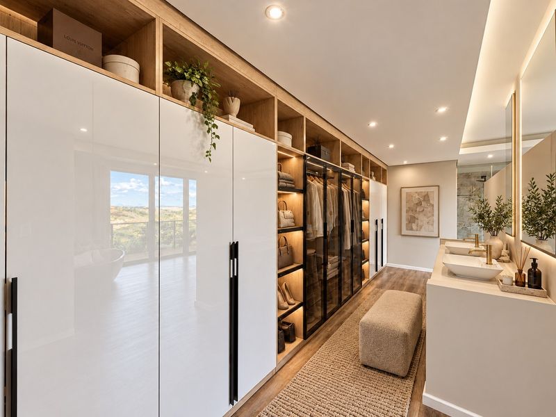 A luxurious dressing room and bathroom suite featuring custom built-in cabinetry, integrated wardrobe lighting, double vessel sinks with brass fixtures, and modern recessed lighting.