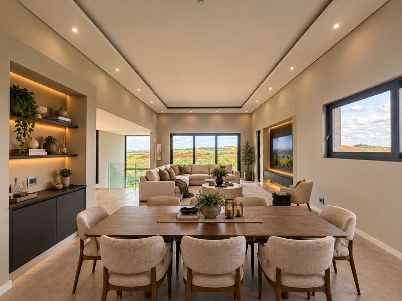 Spacious open-plan living and dining area featuring modern recessed lighting, built-in cabinetry, and expansive glass doors offering panoramic landscape views.