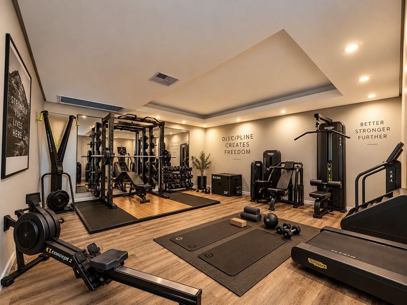 A professionally equipped home gym featuring recessed lighting, ducted air conditioning, mirrored walls, and durable laminate flooring.