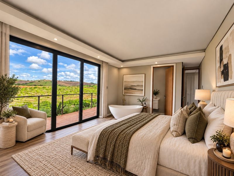 Luxurious bedroom featuring a freestanding bathtub, expansive sliding glass doors opening to a private balcony, and scenic landscape views.