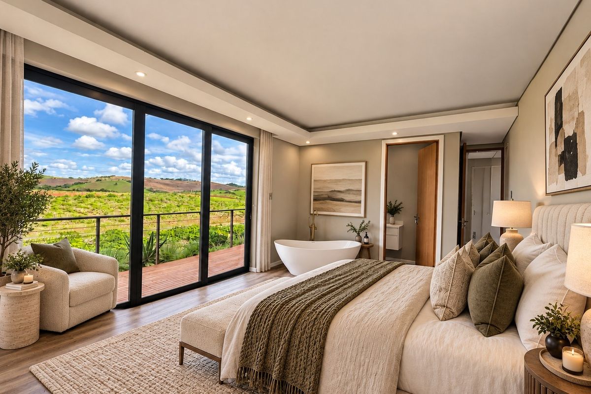 Luxurious bedroom featuring a freestanding bathtub, expansive sliding glass doors opening to a private balcony, and scenic landscape views.