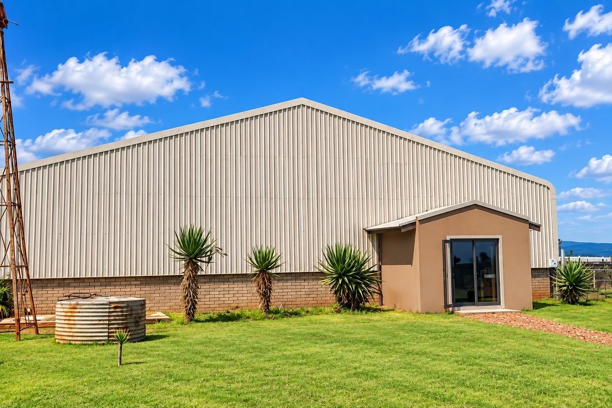 Rear view of a large industrial-style farm building featuring corrugated metal cladding, a brick base, and an attached entrance, set on a grassy plot.