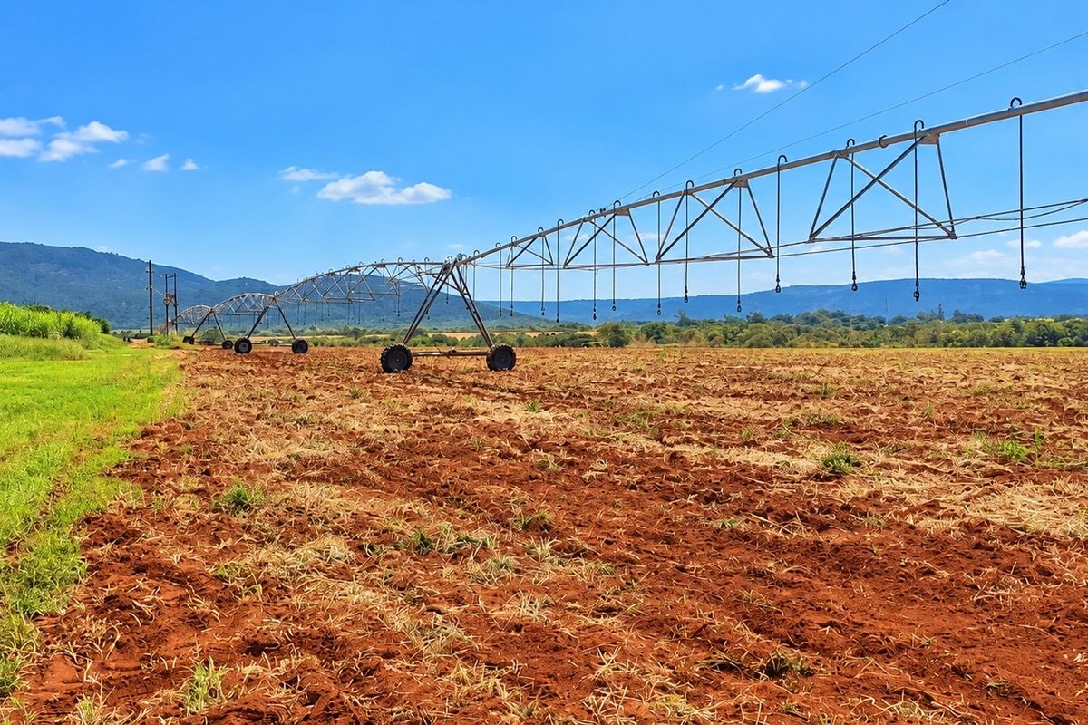 Expansive agricultural farmland featuring a large-scale center pivot irrigation system set against a scenic mountain backdrop.