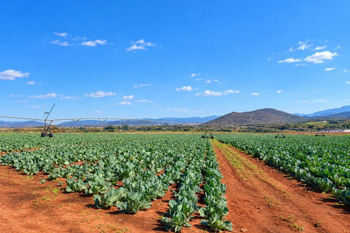 Expansive agricultural field featuring a functional center pivot irrigation system, set against a scenic mountain landscape.