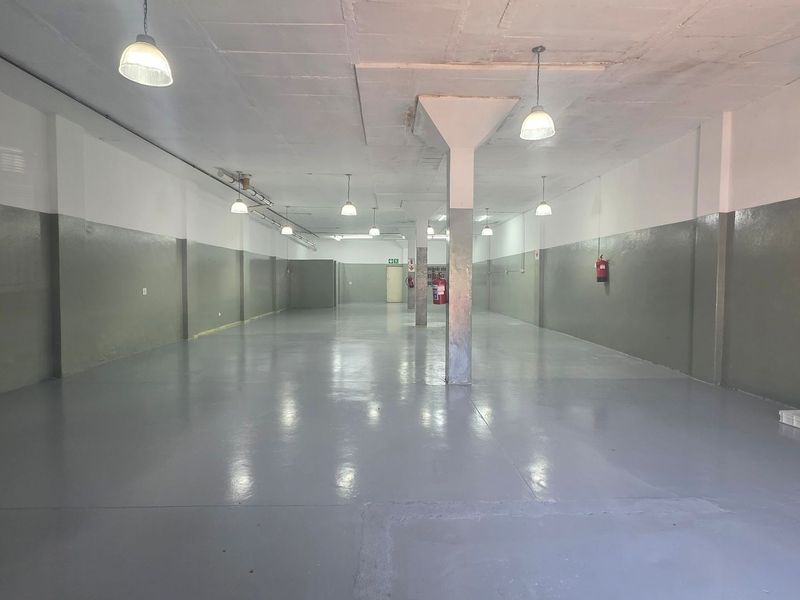 A spacious, open-plan industrial utility area featuring polished epoxy flooring, support columns, and functional pendant lighting, suitable for storage or workshop use.