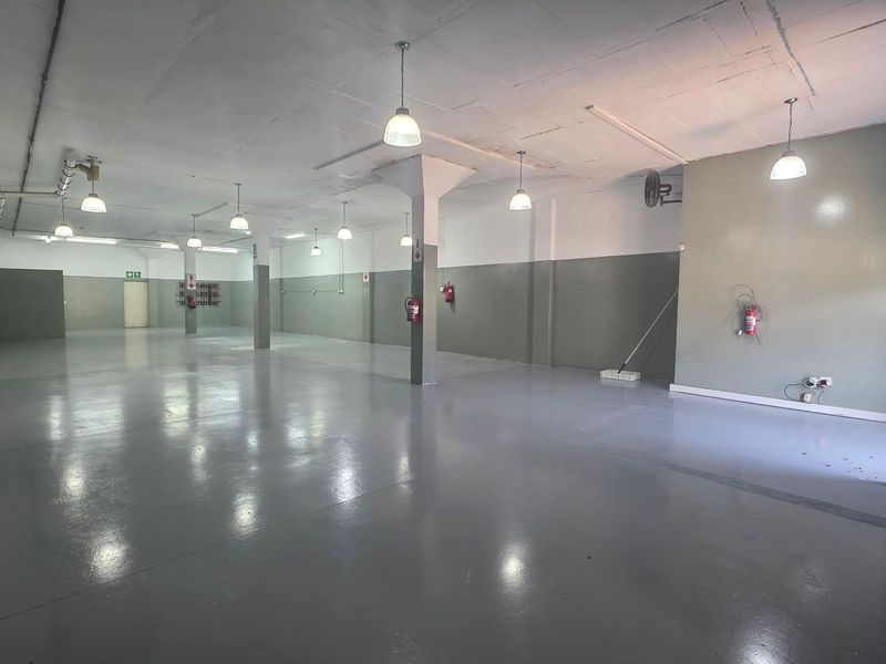 A spacious, open-plan industrial utility area featuring polished epoxy flooring, exposed concrete ceilings, and functional pendant lighting throughout.