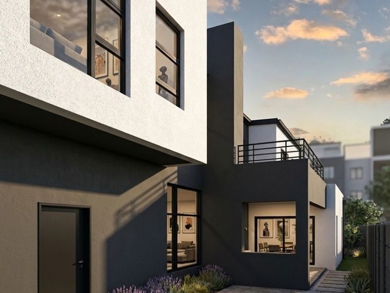 A modern rear exterior view featuring a compact swimming pool, stone-paved patio, landscaped garden, and a contemporary two-story building facade with large windows.