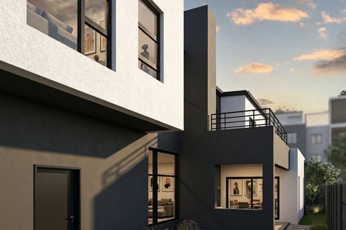 A modern rear exterior view featuring a compact swimming pool, stone-paved patio, landscaped garden, and a contemporary two-story building facade with large windows.