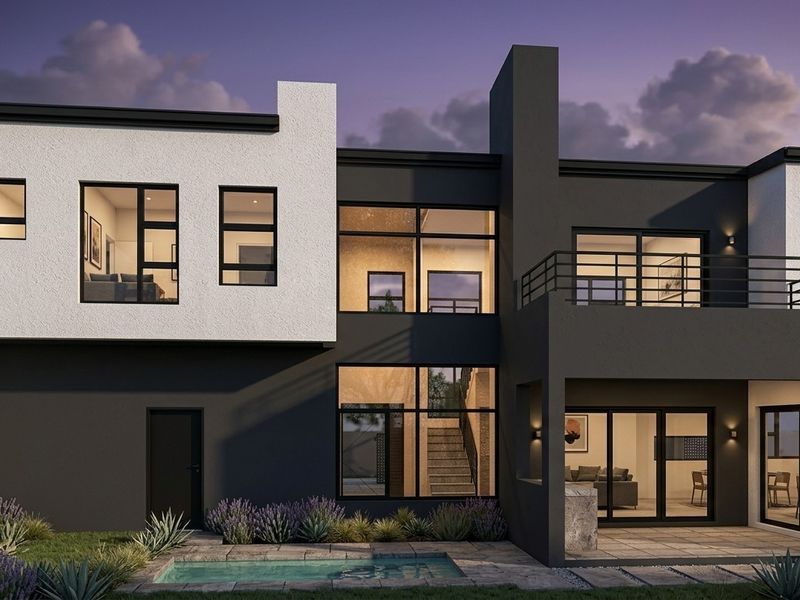 Modern double-story rear elevation featuring a swimming pool, covered patio, balcony, and large glass windows with contemporary architectural design.