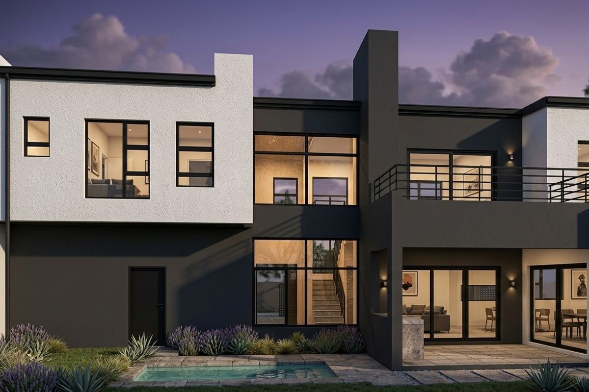 Modern double-story rear elevation featuring a swimming pool, covered patio, balcony, and large glass windows with contemporary architectural design.