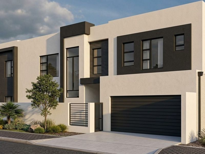 Modern contemporary double-story home featuring a sleek facade, integrated double garage, and landscaped front garden.