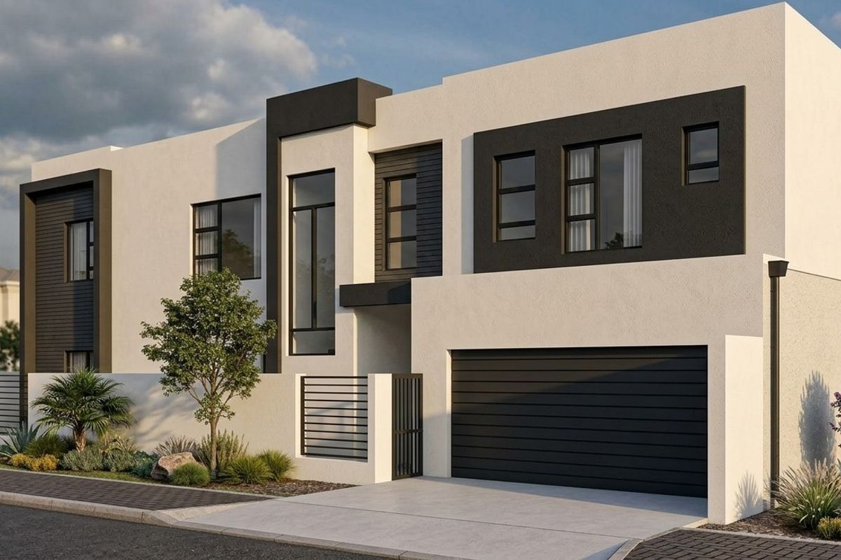 Modern contemporary double-story home featuring a sleek facade, integrated double garage, and landscaped front garden.