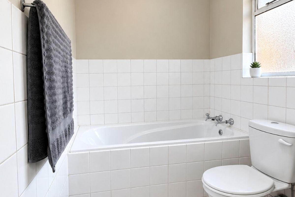 A functional bathroom featuring a built-in bathtub, standard toilet, tiled flooring, and wall tiling, offering a clean and neutral space.