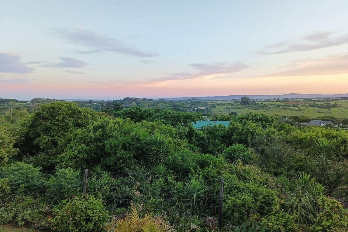 A scenic elevated view overlooking lush green vegetation and rolling hills under a soft sunset sky.