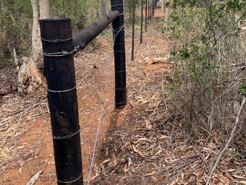 A rural property boundary featuring timber fence posts and wire fencing set within a natural wooded landscape.