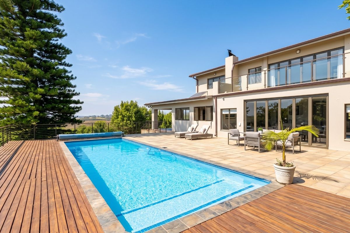 A well-maintained outdoor pool area featuring a swimming pool, timber decking, stone patio, and glass balustrades, offering a seamless transition to the rear facade.