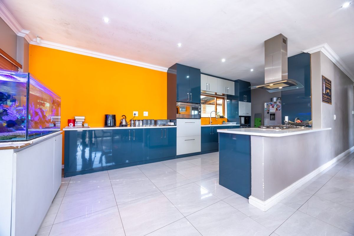 Modern kitchen featuring high-gloss blue cabinetry, a central island with a gas hob, stainless steel extractor, and tiled flooring.