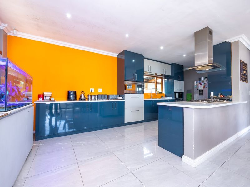 Modern kitchen featuring high-gloss blue cabinetry, a central island with a gas hob, stainless steel extractor, and tiled flooring.