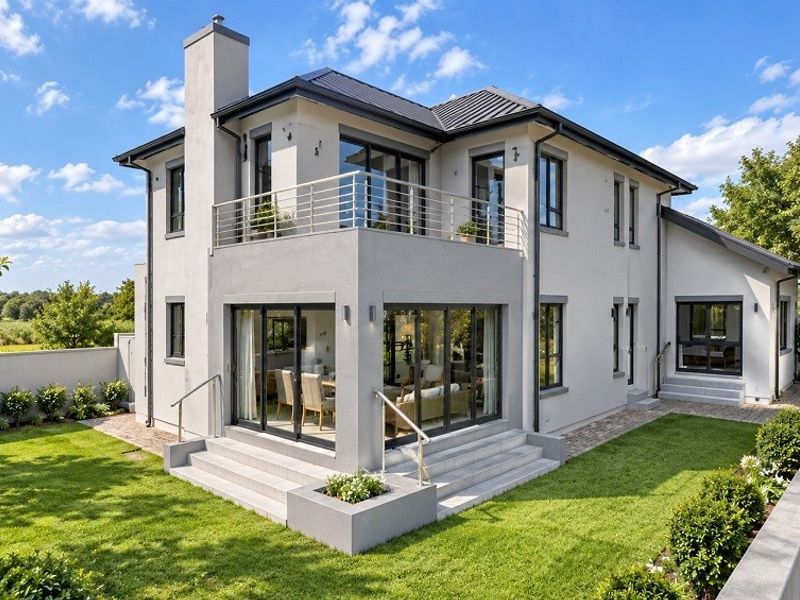Rear view of a modern two-story house featuring a balcony, large sliding glass doors, a well-maintained garden, and a clean stucco exterior finish.