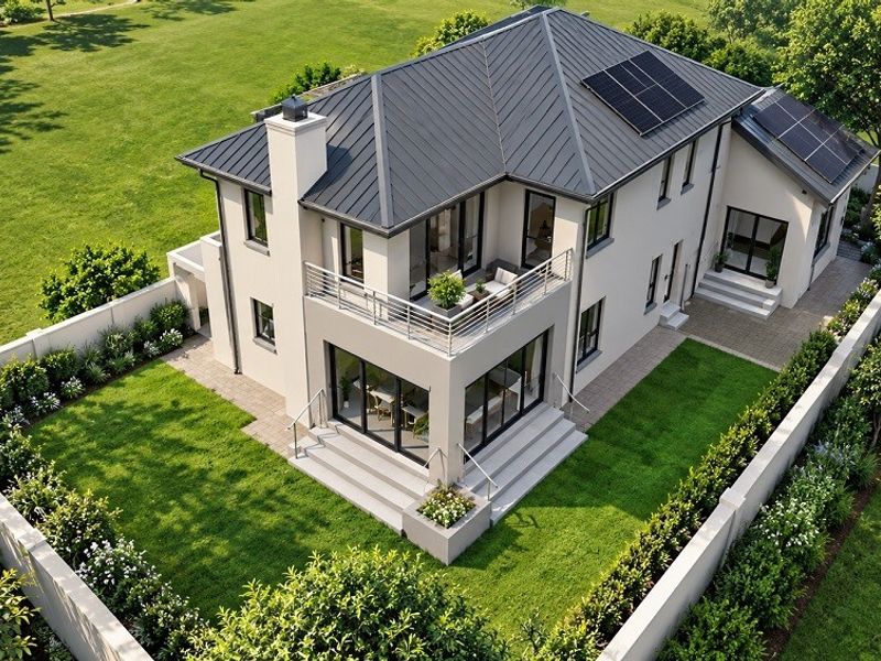 Aerial view of a modern two-story house featuring a metal roof with solar panels, a balcony, paved patio areas, and a well-maintained garden.