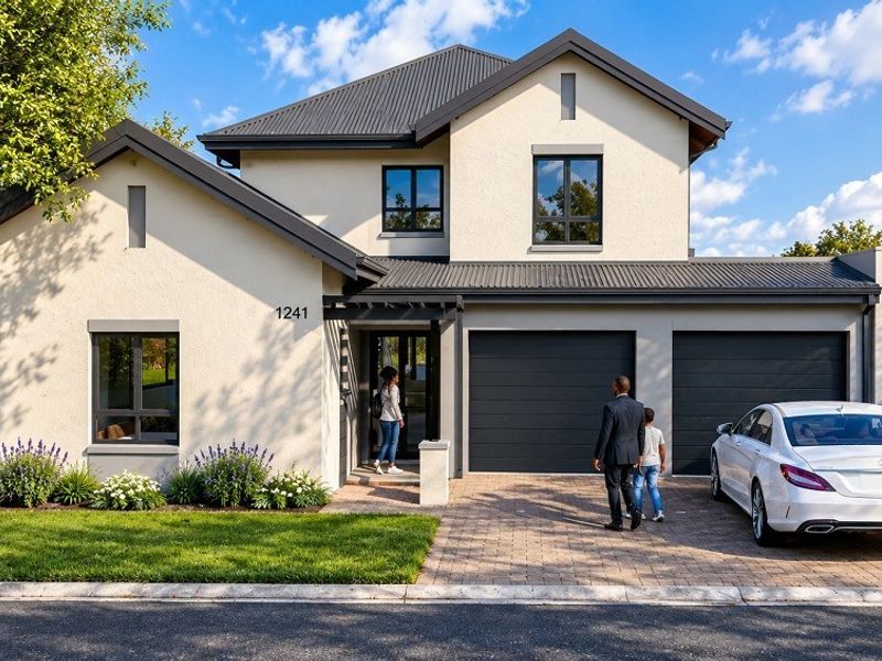 Modern double-story residential home featuring a paved driveway, double garage, and clean stucco exterior finish.