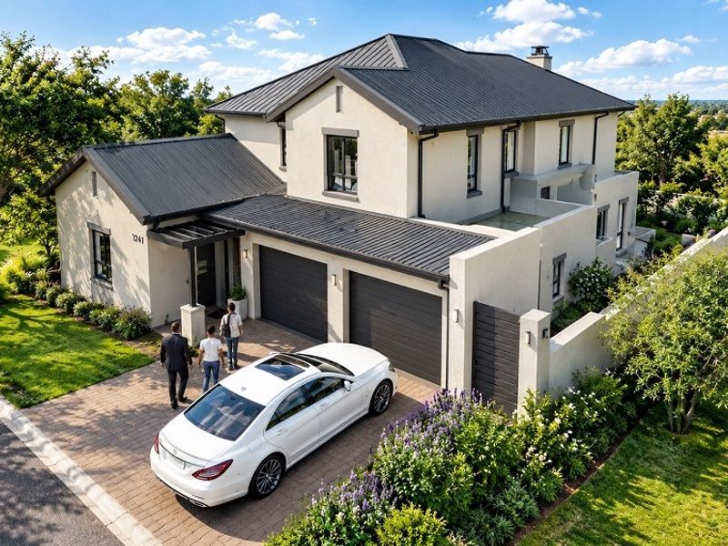 An elevated view of a modern double-story residence featuring a metal roof, double garage, and a well-maintained paved driveway and garden.