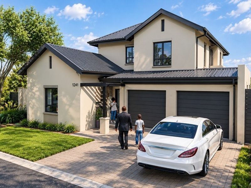 Modern two-story residential home featuring a double garage, paved driveway, and clean stucco exterior finish with a contemporary metal roof.