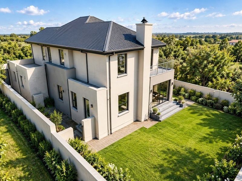 Aerial view of the rear elevation featuring a modern two-story house with a metal roof, balcony, paved patio, and a well-maintained garden.