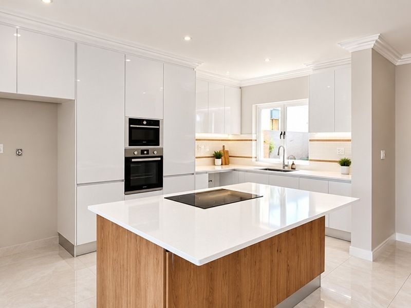 Modern kitchen featuring high-gloss white cabinetry, a central island with an induction cooktop, quartz countertops, and integrated appliances in a bright, open space.