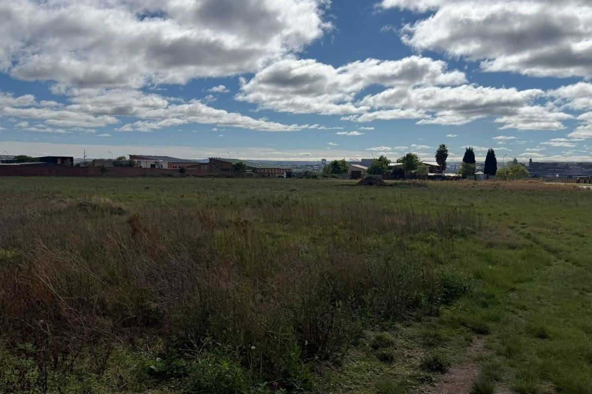 A wide-angle view of an expansive, undeveloped industrial land plot featuring natural grass coverage and a distant perimeter boundary wall.