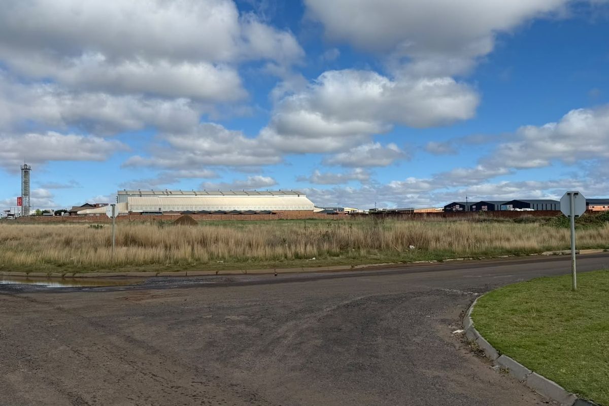 A street-level view of an industrial area featuring an asphalt road, grass verge, and surrounding industrial warehouse structures under a clear blue sky.