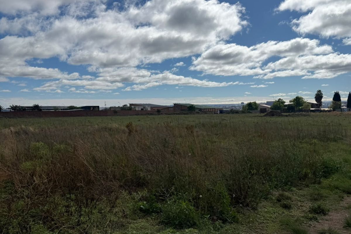 A wide-angle view of an undeveloped industrial land plot featuring natural vegetation and a perimeter boundary wall under a clear sky.