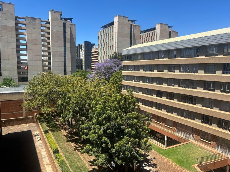 An elevated view overlooking a landscaped courtyard with mature trees and surrounding multi-story apartment buildings in an urban setting.