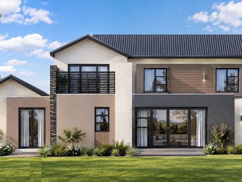 A modern double-storey residential exterior featuring a mix of stone, timber, and rendered finishes with a spacious rear garden and balcony.