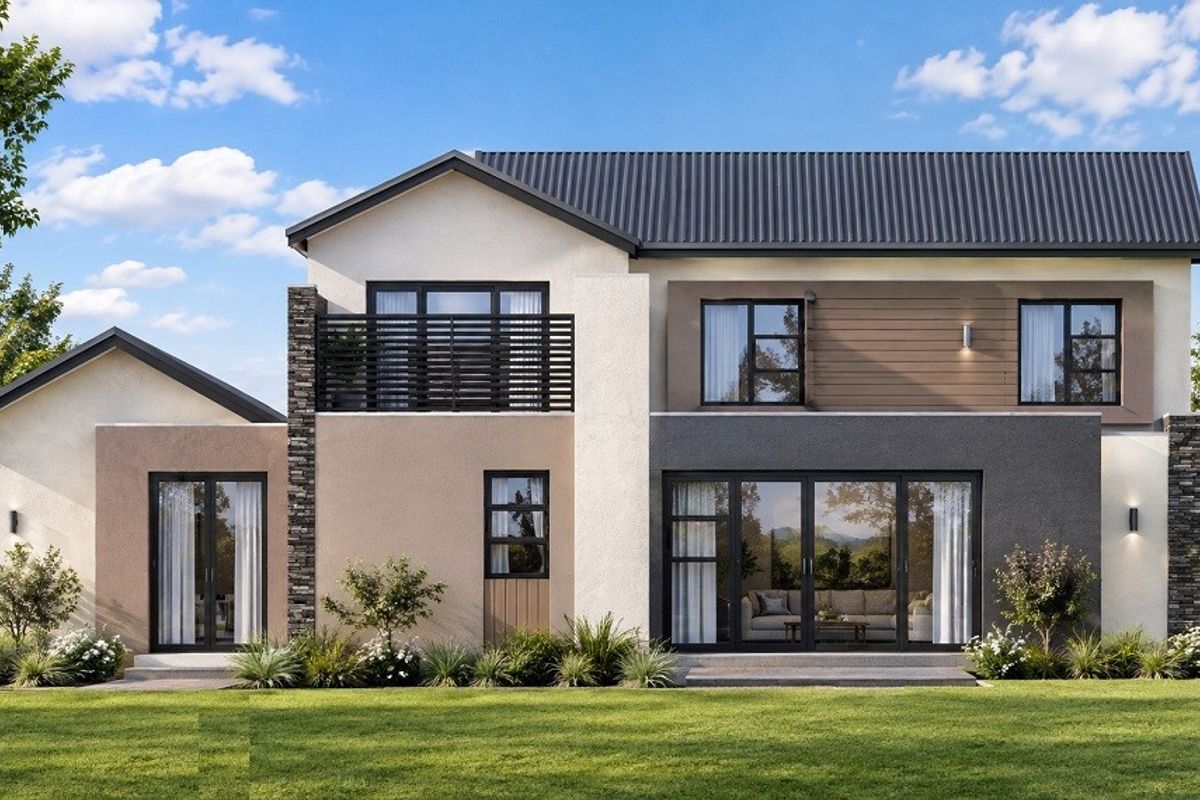 A modern double-storey residential exterior featuring a mix of stone, timber, and rendered finishes with a spacious rear garden and balcony.