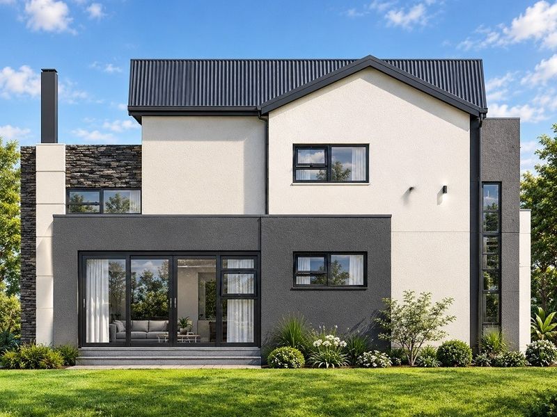 A modern two-story residential exterior featuring a mix of stone and stucco finishes, corrugated metal roofing, and large sliding glass doors leading to the garden.